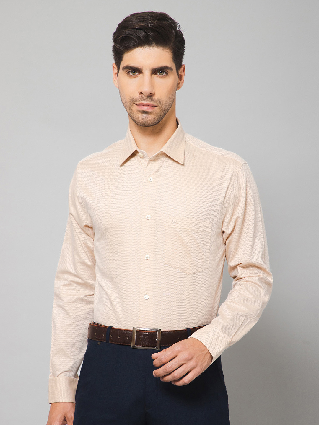 

Cantabil Self Design Textured Smart Cotton Formal Shirt, Beige