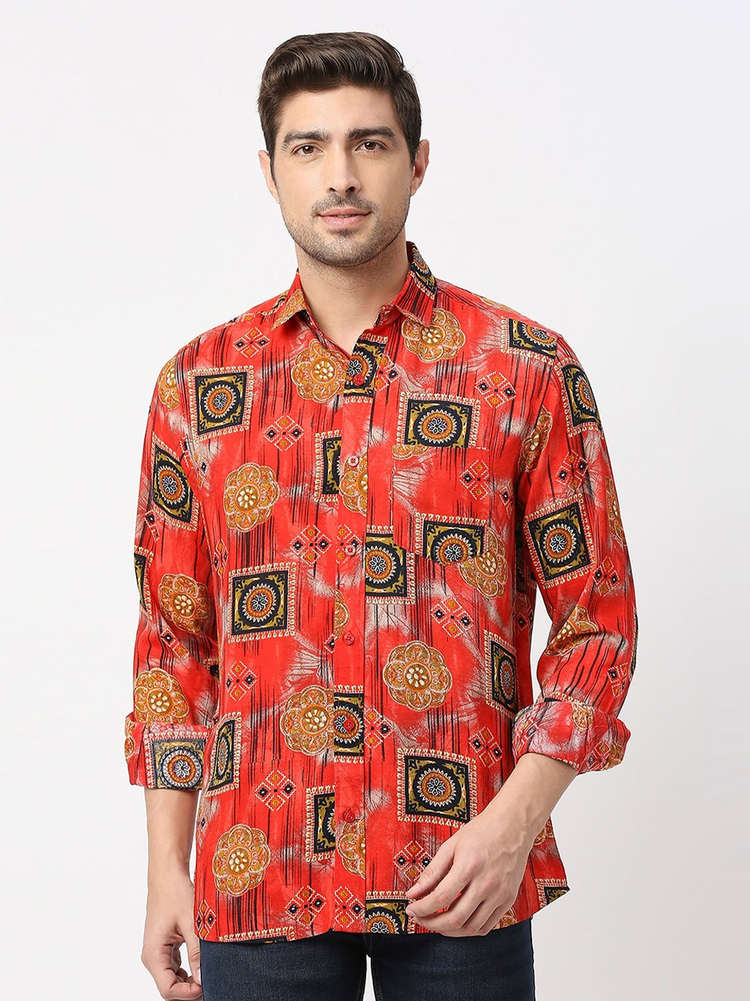 

MOD ECRU Printed Spread Collar Opaque Casual Shirt, Red