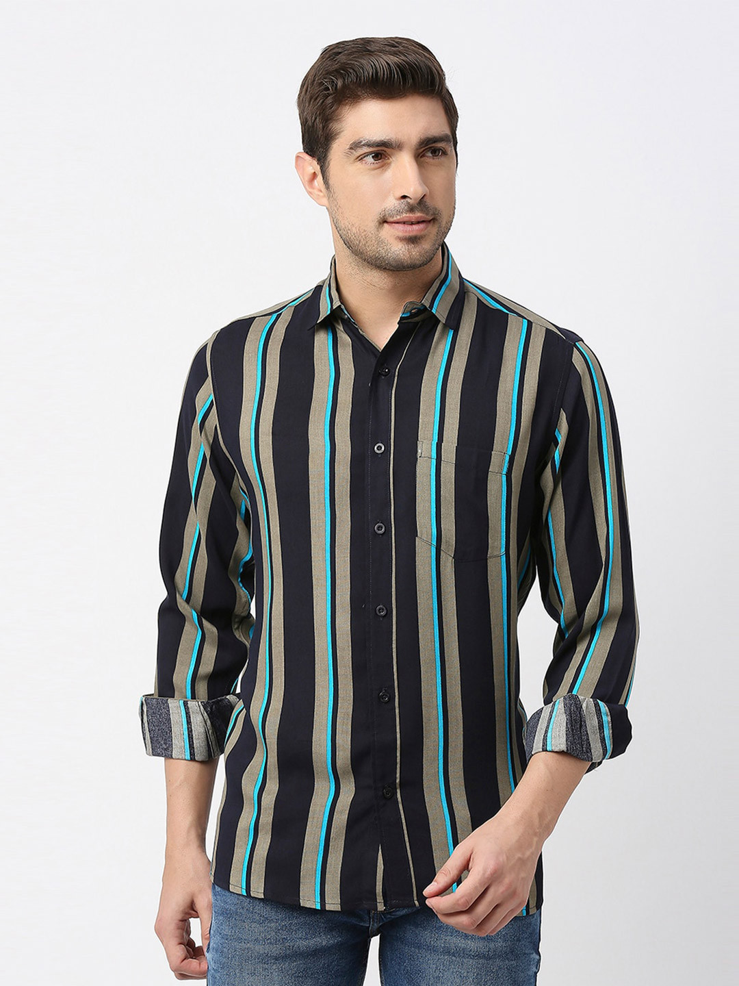 

MOD ECRU Striped Spread Collar Opaque Casual Shirt, Black