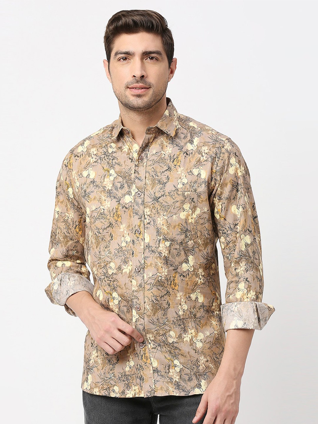 

MOD ECRU Floral Printed Spread Collar Opaque Cotton Casual Shirt, Brown
