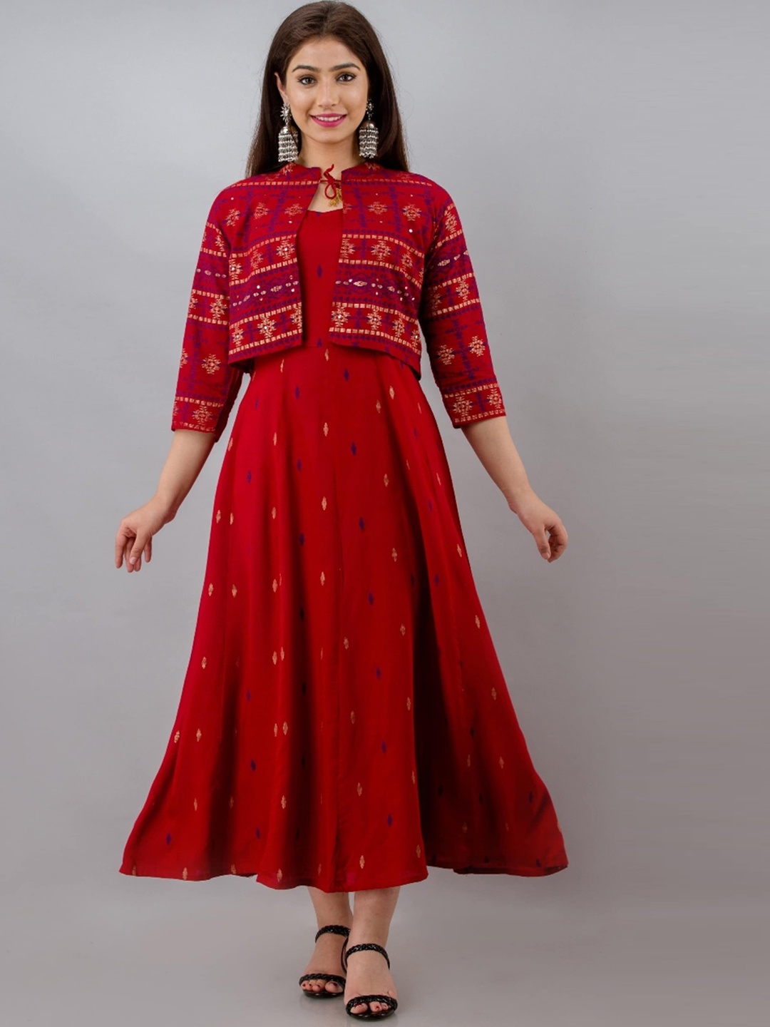 

misbis Ethnic Motifs Printed Sleeveless Ethnic Dress With Ethnic Jacket, Red