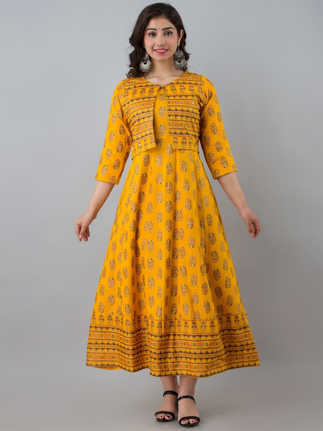 

misbis Ethnic Motifs Printed Sleeveless Ethnic Dress With Ethnic Jacket, Yellow