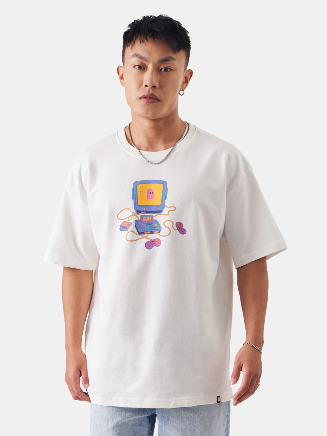 

The Souled Store White Typography Printed Drop-Shoulder Pure Cotton Loose T-shirt
