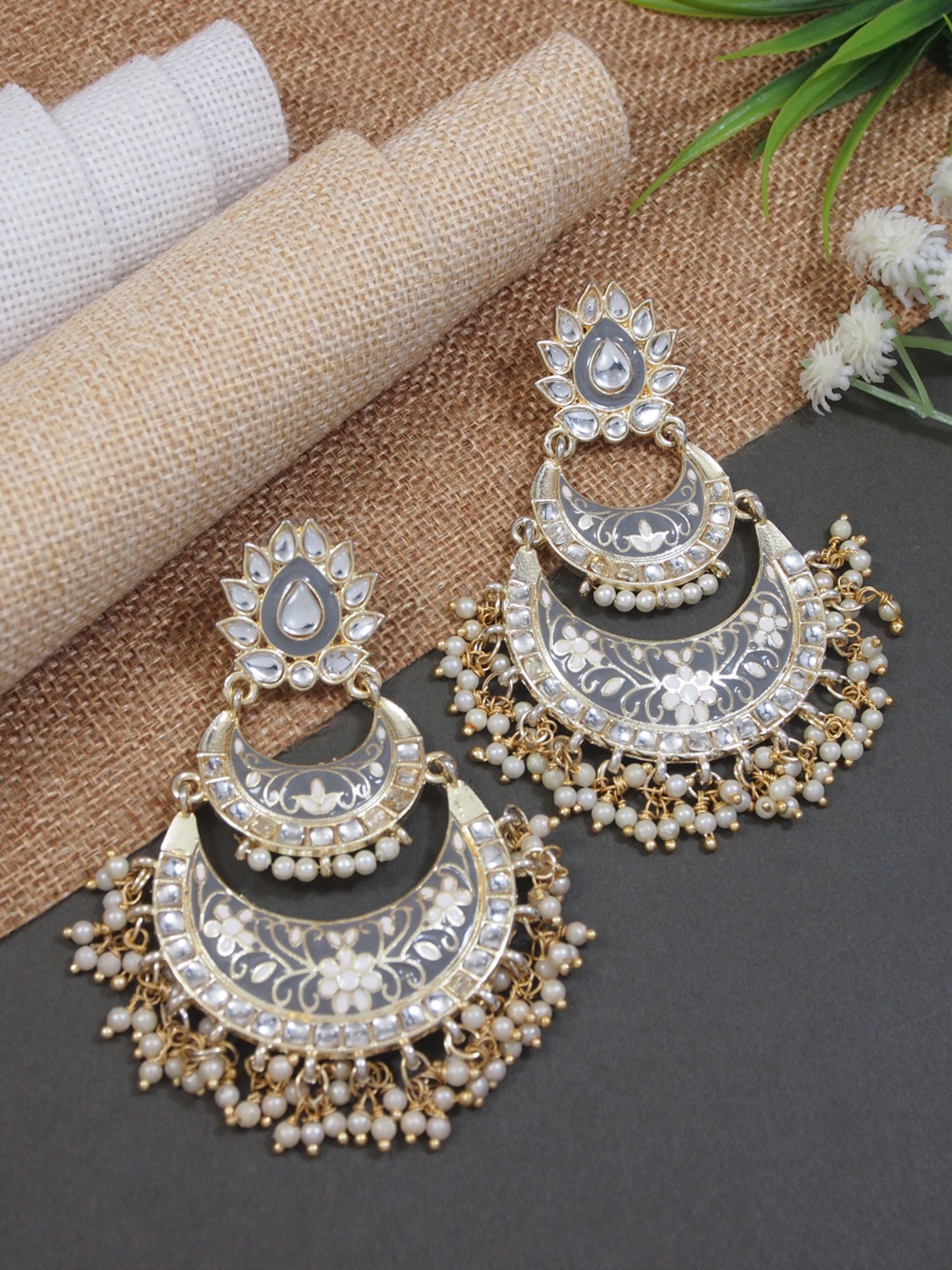 

I Jewels Gold-Plated Contemporary Chandbalis Earrings, Grey