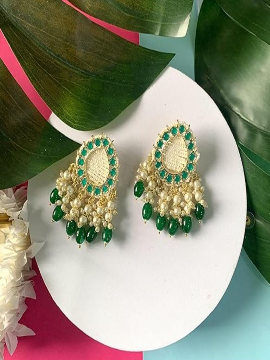 

I Jewels Gold-Plated Contemporary Drop Earrings, Green