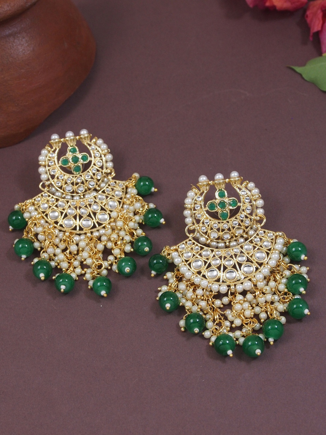 

I Jewels Gold-Plated Contemporary Chandbalis Earrings, Green