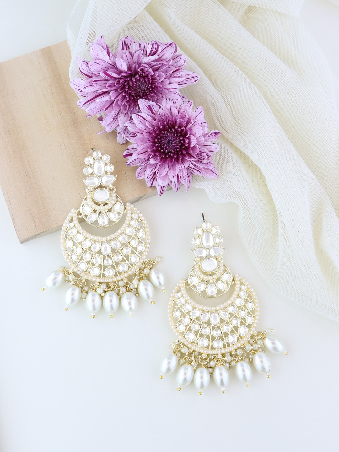 

I Jewels Gold-Plated Contemporary Chandbalis Earrings, White