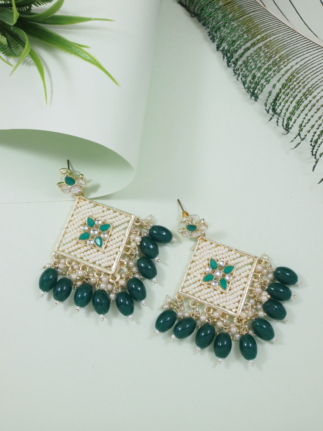 

I Jewels Gold-Plated Contemporary Drop Earrings, Green