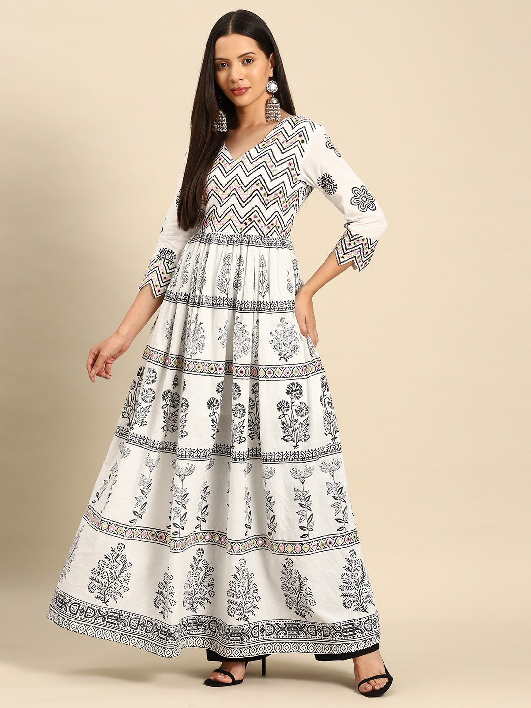 

INDYES Women White & Black Embellished Mirror Work Tiering Anarkali Kurta