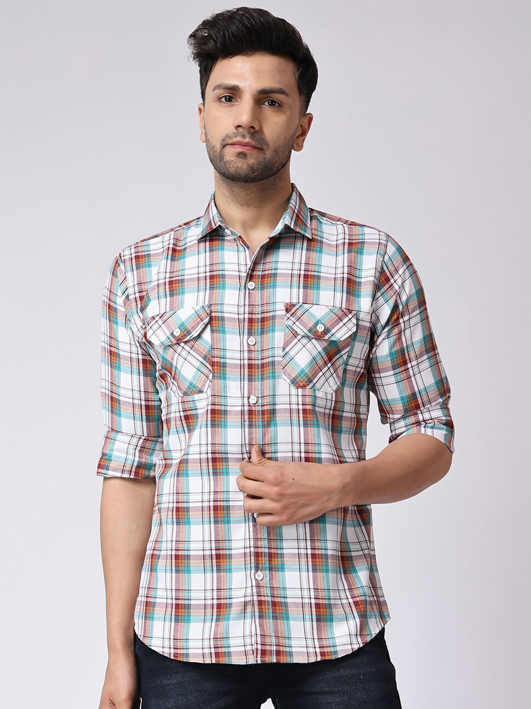 

Voroxy Tartan Checked Cotton Casual Shirt, White