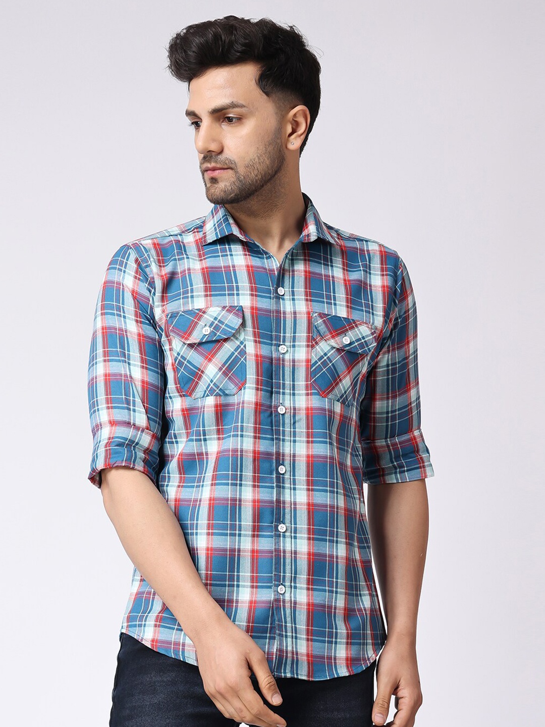 

Voroxy Tartan Checked Cotton Casual Shirt, Blue