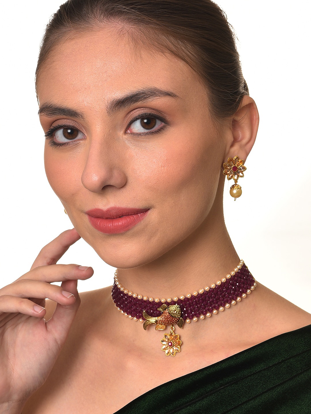 

Anouk Gold-Plated Stone-Studded & Beaded Jewellery Set