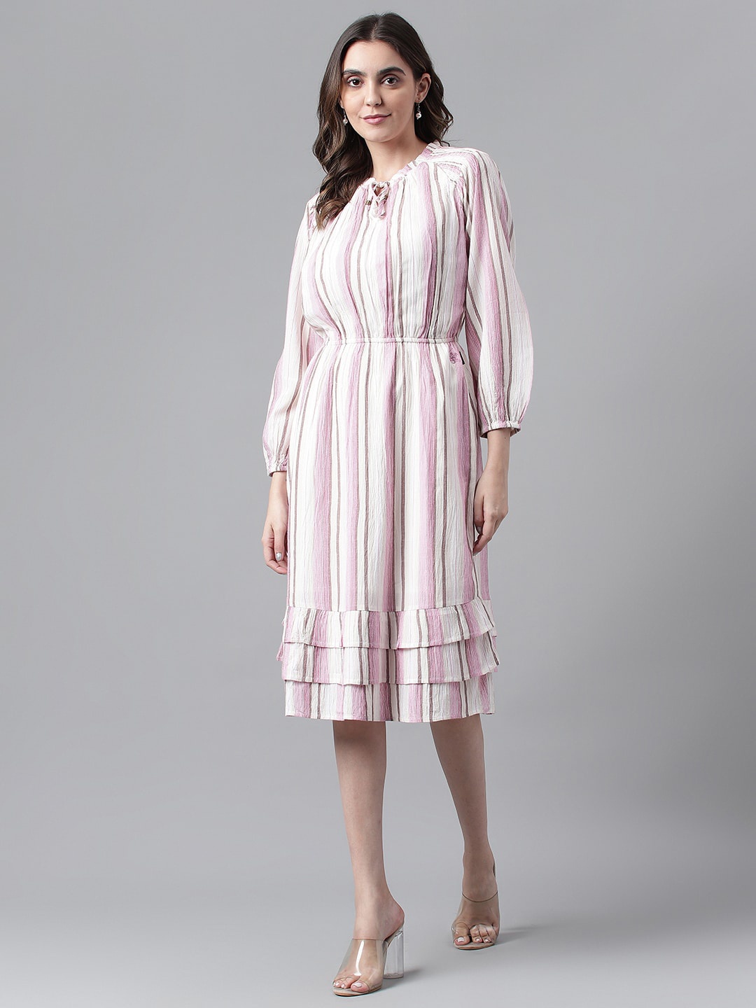 

Beverly Hills Polo Club Striped Tie-Up Neck Puff Sleeve Pure Cotton A-Line Dress, White