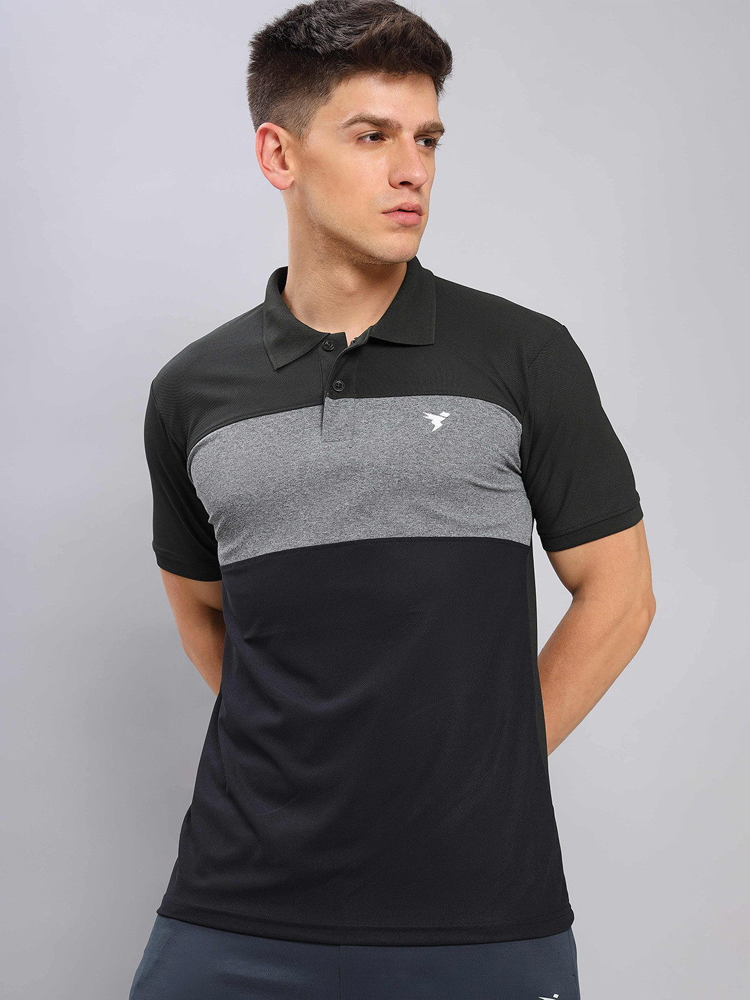 

Technosport Colourblocked Polo Collar Antimicrobial Slim Fit Sports T-shirt, Charcoal