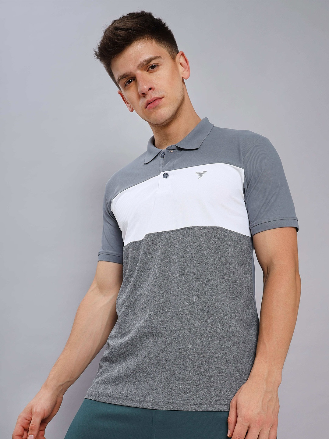 

Technosport Colourblocked Polo Collar Antimicrobial Slim Fit Sports T-shirt, Grey