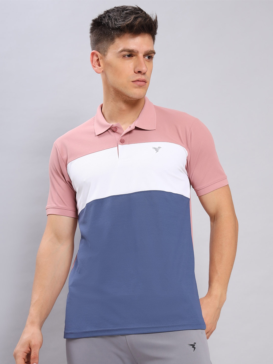 

Technosport Colourblocked Polo Collar Antimicrobial Slim Fit Sports T-shirt, Pink