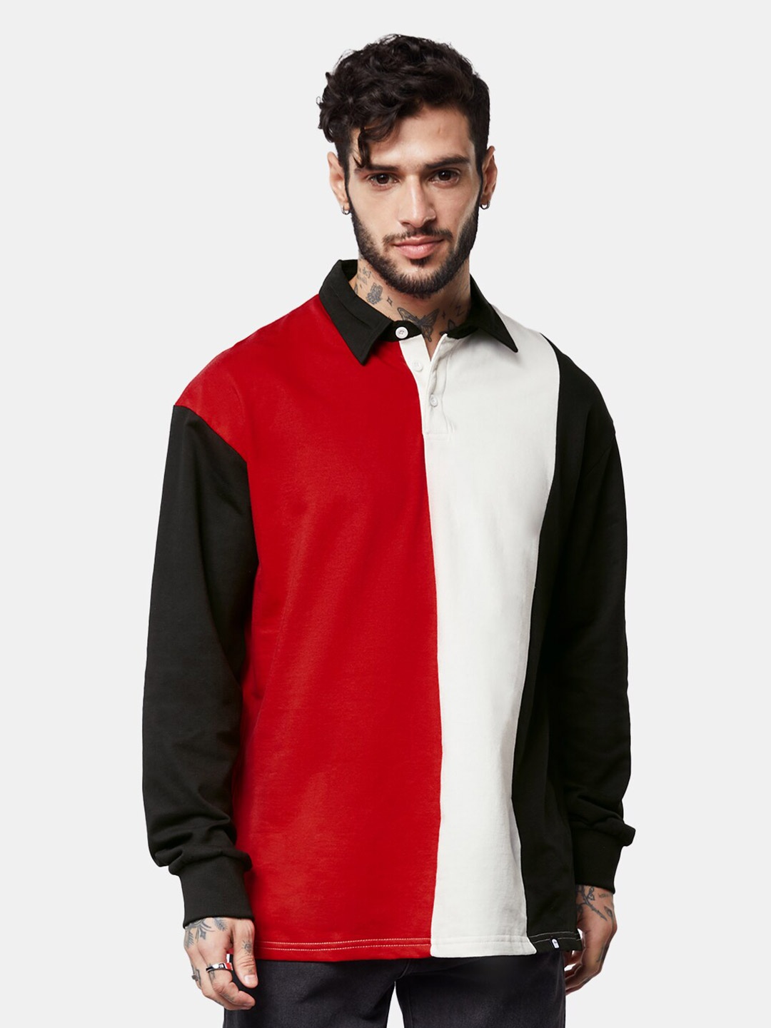

The Souled Store Red & White Colourblocked Polo Collar Long Sleeve Oversize T-shirt