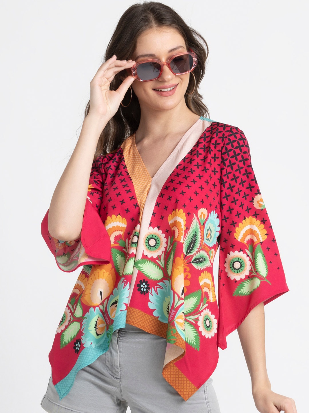 

SHAYE Floral Printed Flared Sleeves Kaftan Top, Red