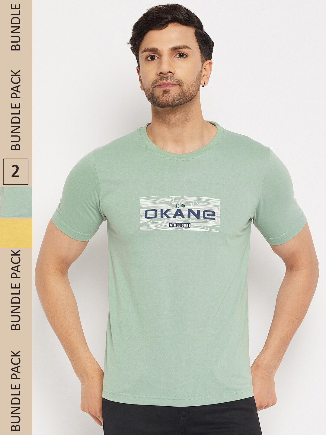 

Okane Pack Of 2 Typography Printed T-shirt, Mustard