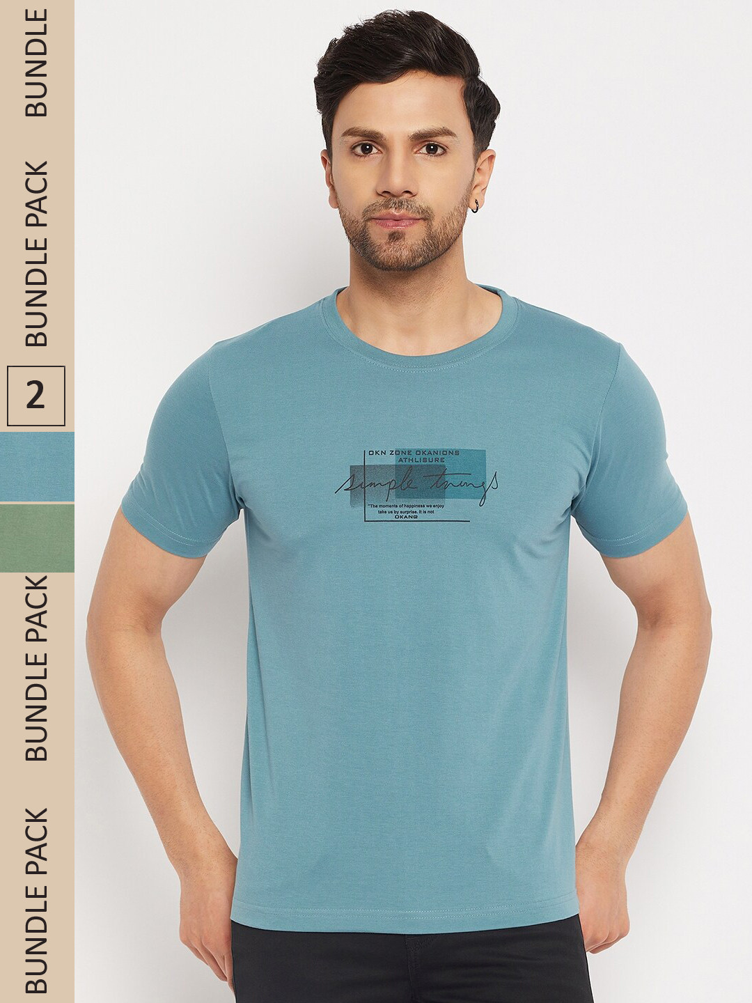 

Okane Pack Of 2 Typography Printed T-shirt, Teal