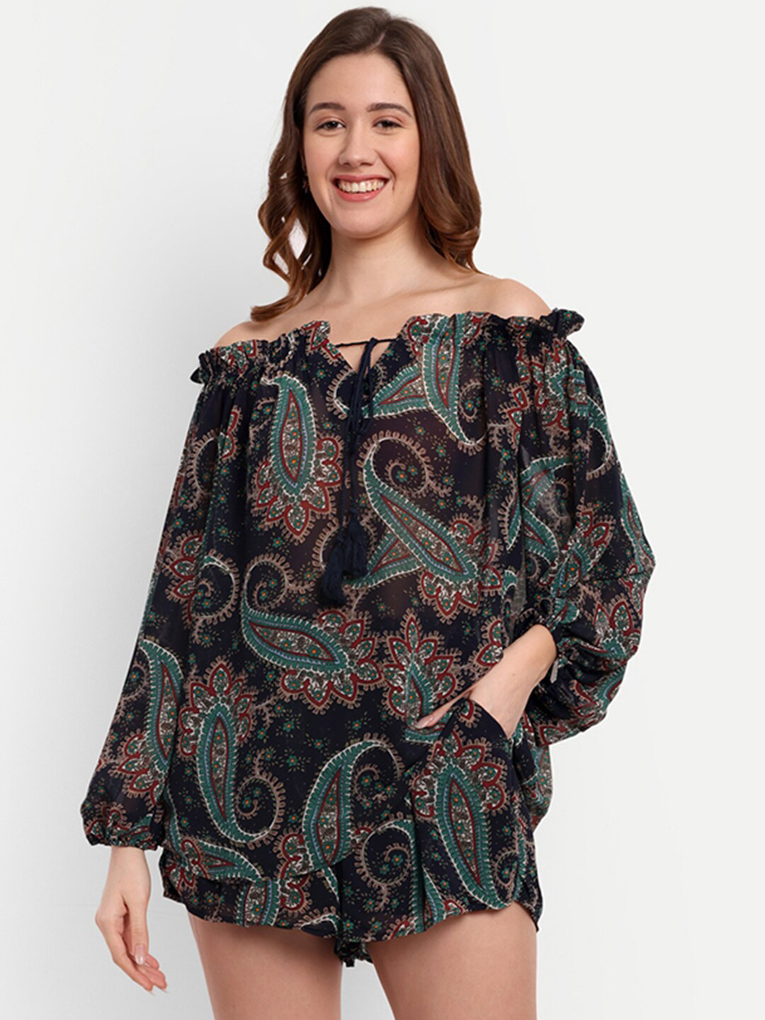 

iki chic Navy Blue & Green Paisley Printed Off-Shoulder Top With Shorts