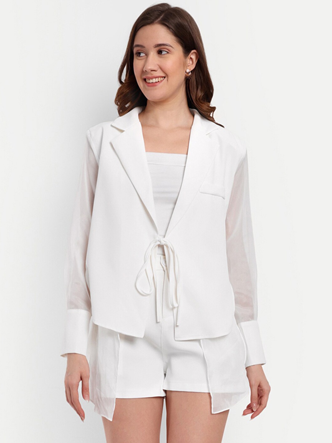 

iki chic White Tie-Up Notched Lapel Collar Blazer With Shorts