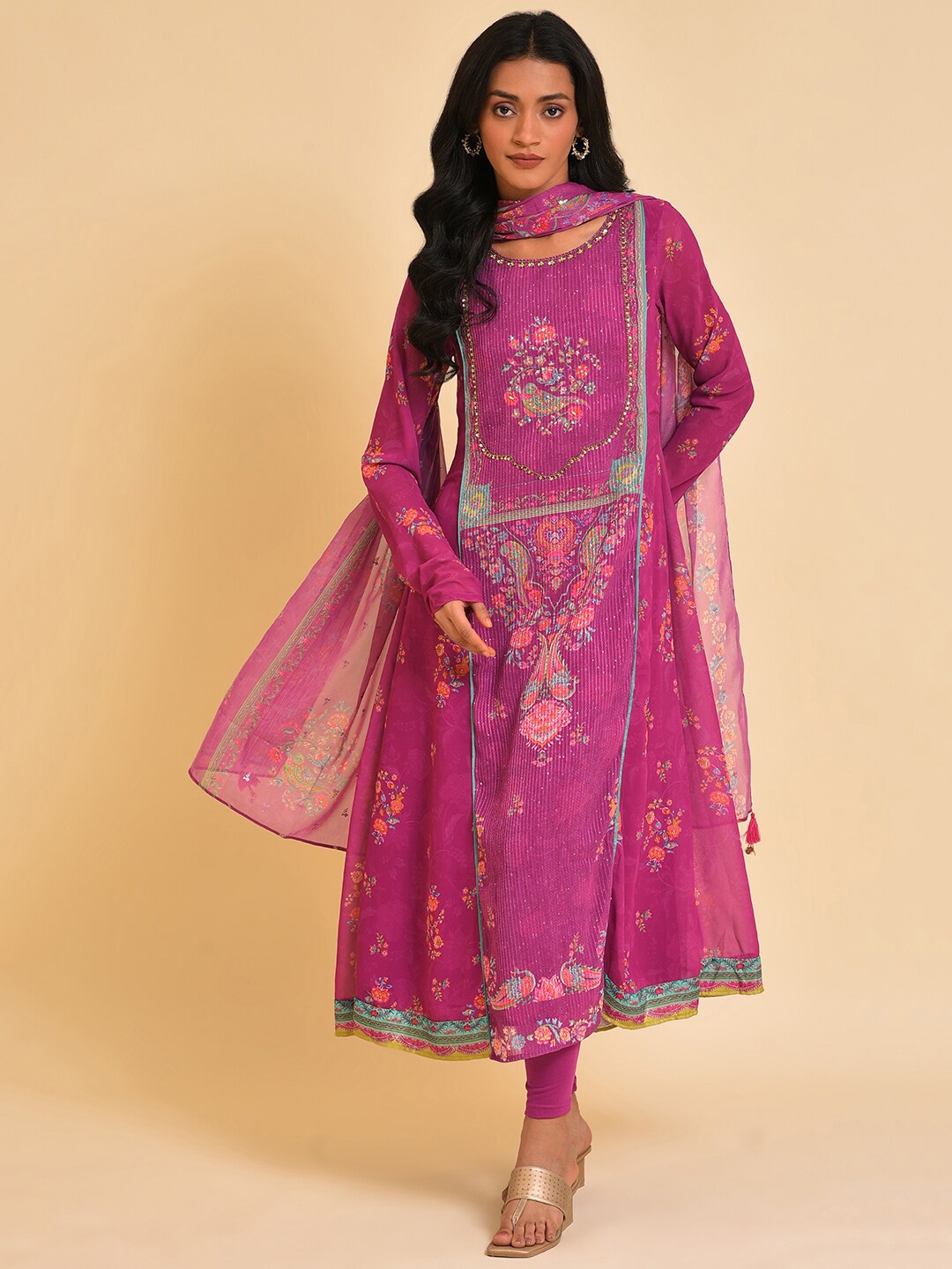 

WISHFUL Pink Floral Printed Sequinned Kurta With Dupatta