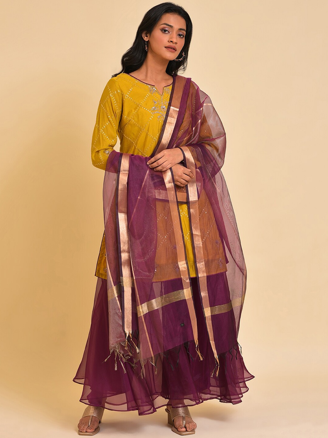 

WISHFUL Geometric Sequinned Embroidered Kurta With Palazzos & Dupatta, Yellow