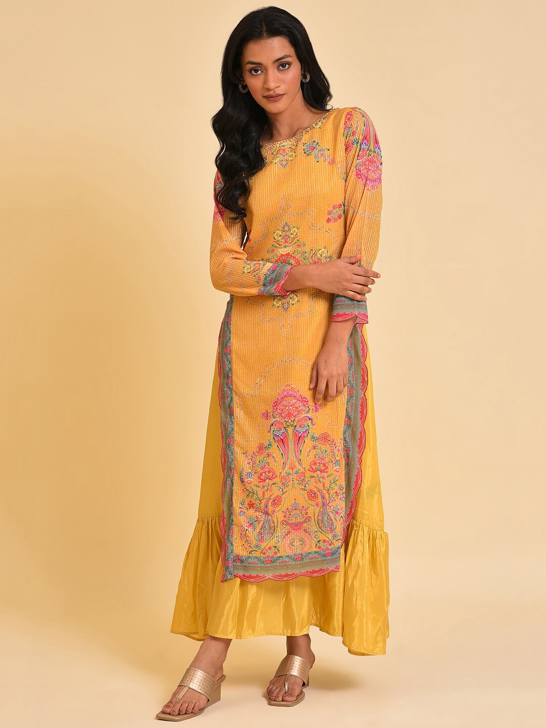 

WISHFUL Ethnic Motifs Printed Fit and Flare Ethnic Dress, Yellow