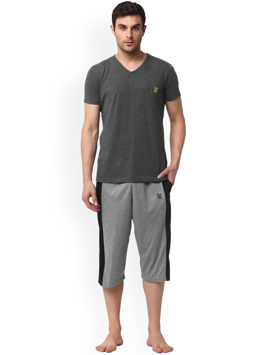 

Vimal Jonney Men Pure Cotton T-Shirt With Capris Night Suit, Grey