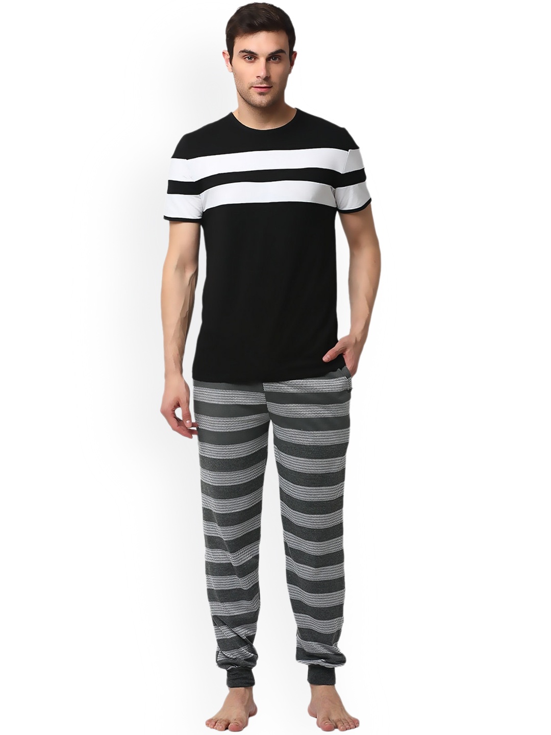 

VIMAL JONNEY Pure Cotton Striped Lounge T-Shirt With Lounge Joggers, Black