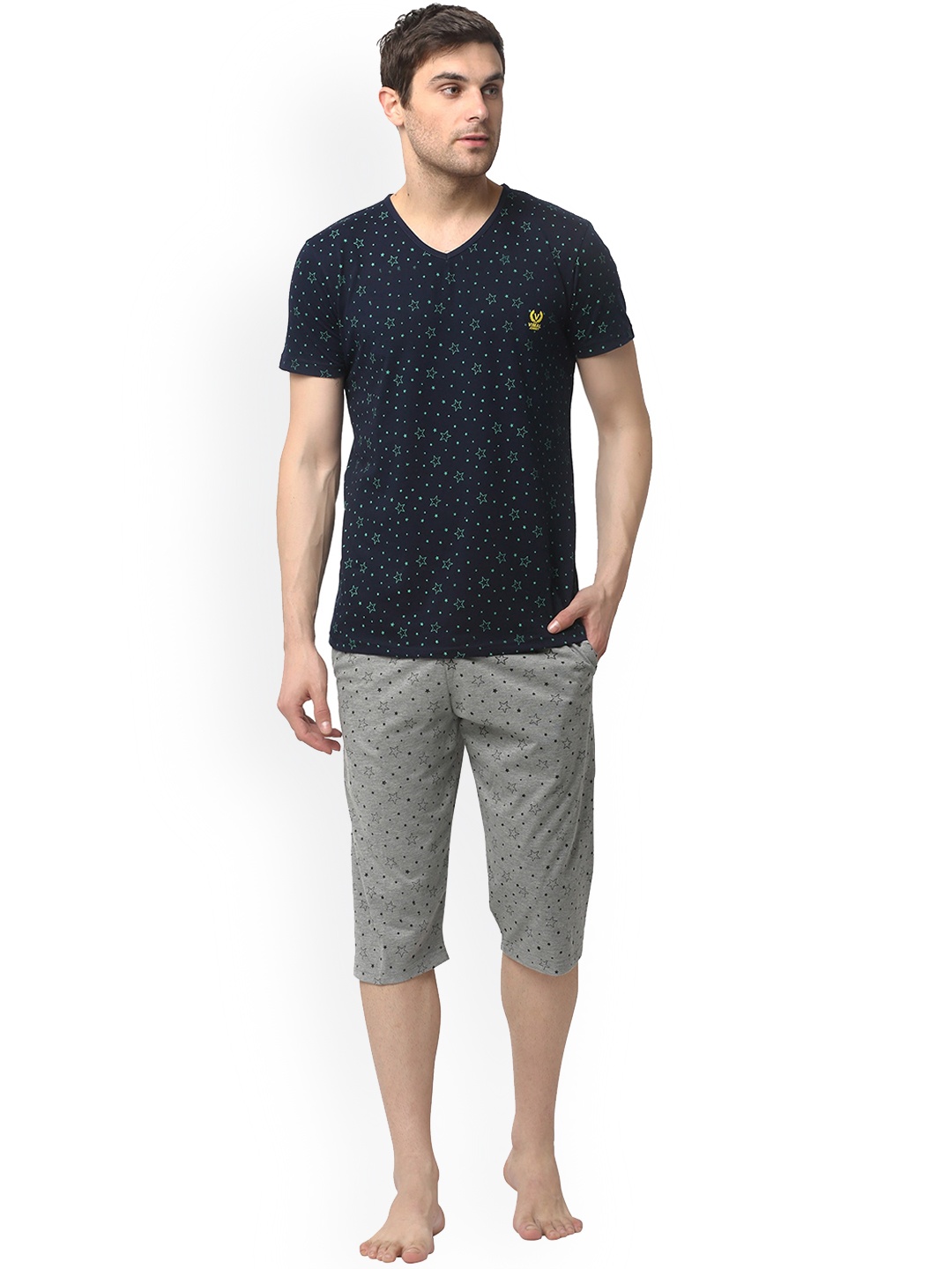 VIMAL JONNEY Men Printed V-Neck Night Suit, Navy blue