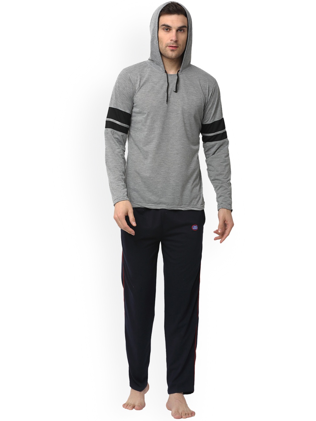 

VIMAL JONNEY Men Hooded T-shirt With Pyjamas Night Suit Set, Grey