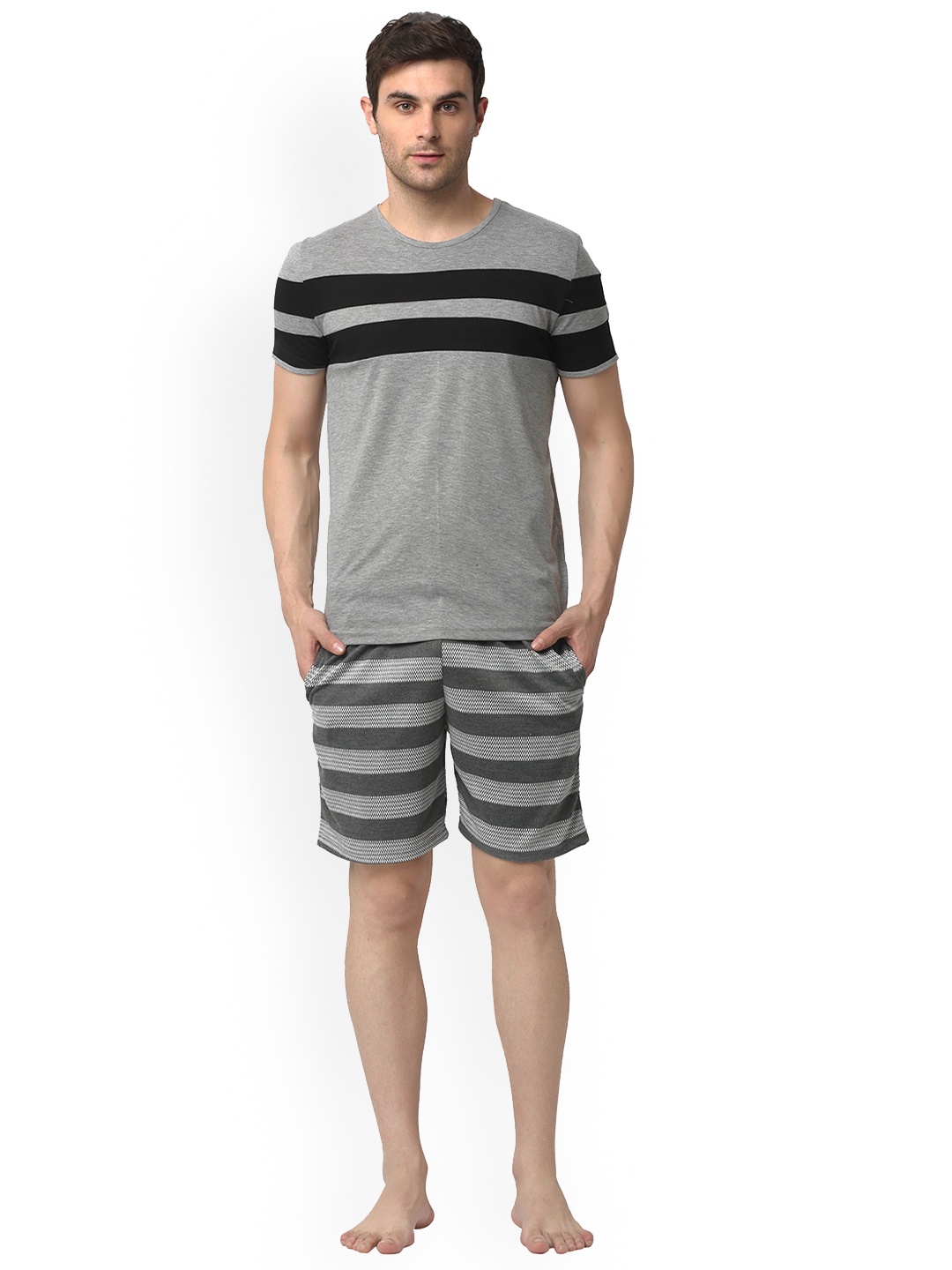 

VIMAL JONNEY Men Striped T-shirt With Shorts Night Suit, Grey