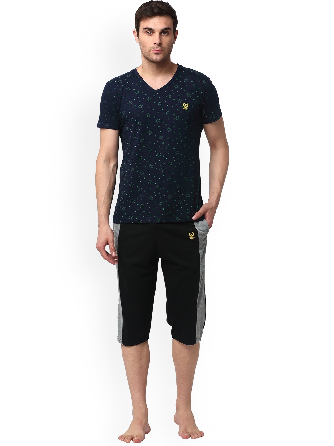 

VIMAL JONNEY Men Printed V-Neck T-shirt With Capris Night Suit Set, Navy blue