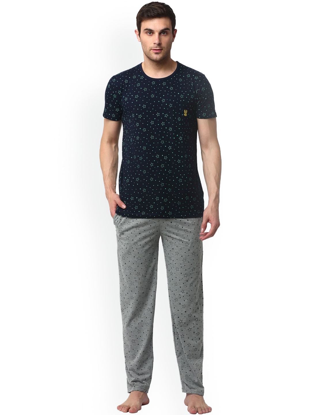 

VIMAL JONNEY Men Printed Pure Cotton T-shirt With Pyjamas, Black