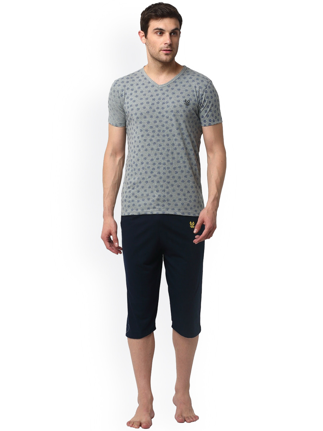 

VIMAL JONNEY Men Printed V-Neck T-shirt With Capris Night Suit Set, Grey