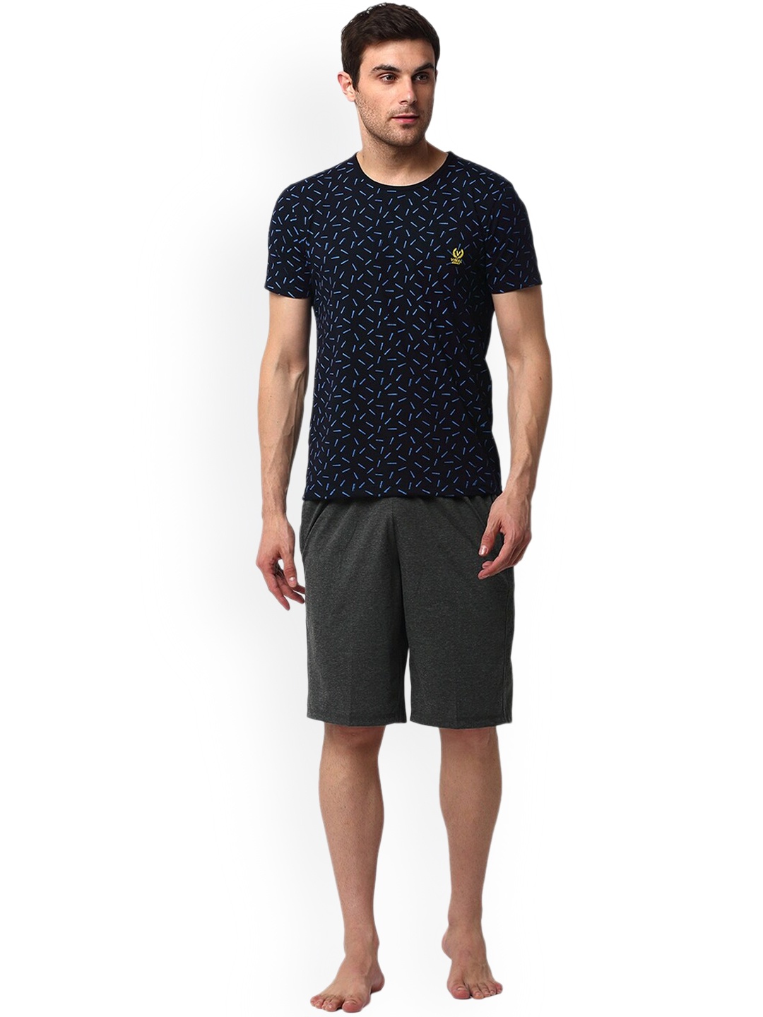 

VIMAL JONNEY Men Printed T-shirt With Shorts Night Suit, Navy blue