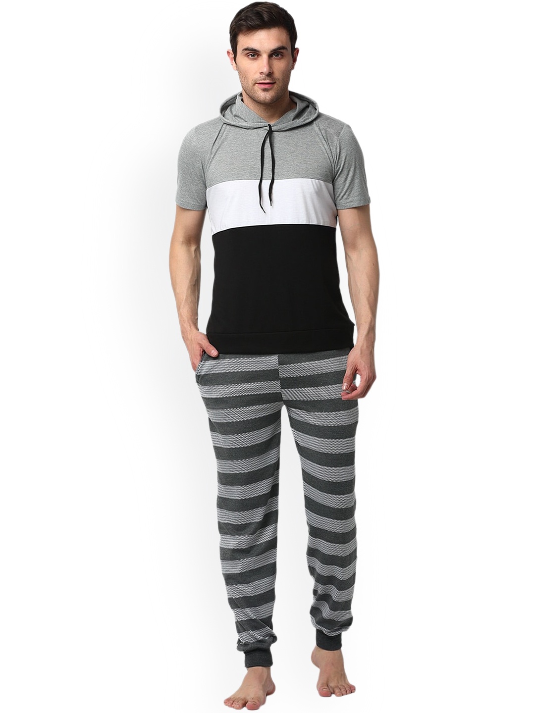 

VIMAL JONNEY Men Colourblocked Hooded T-shirt With Striped Joggers, Grey