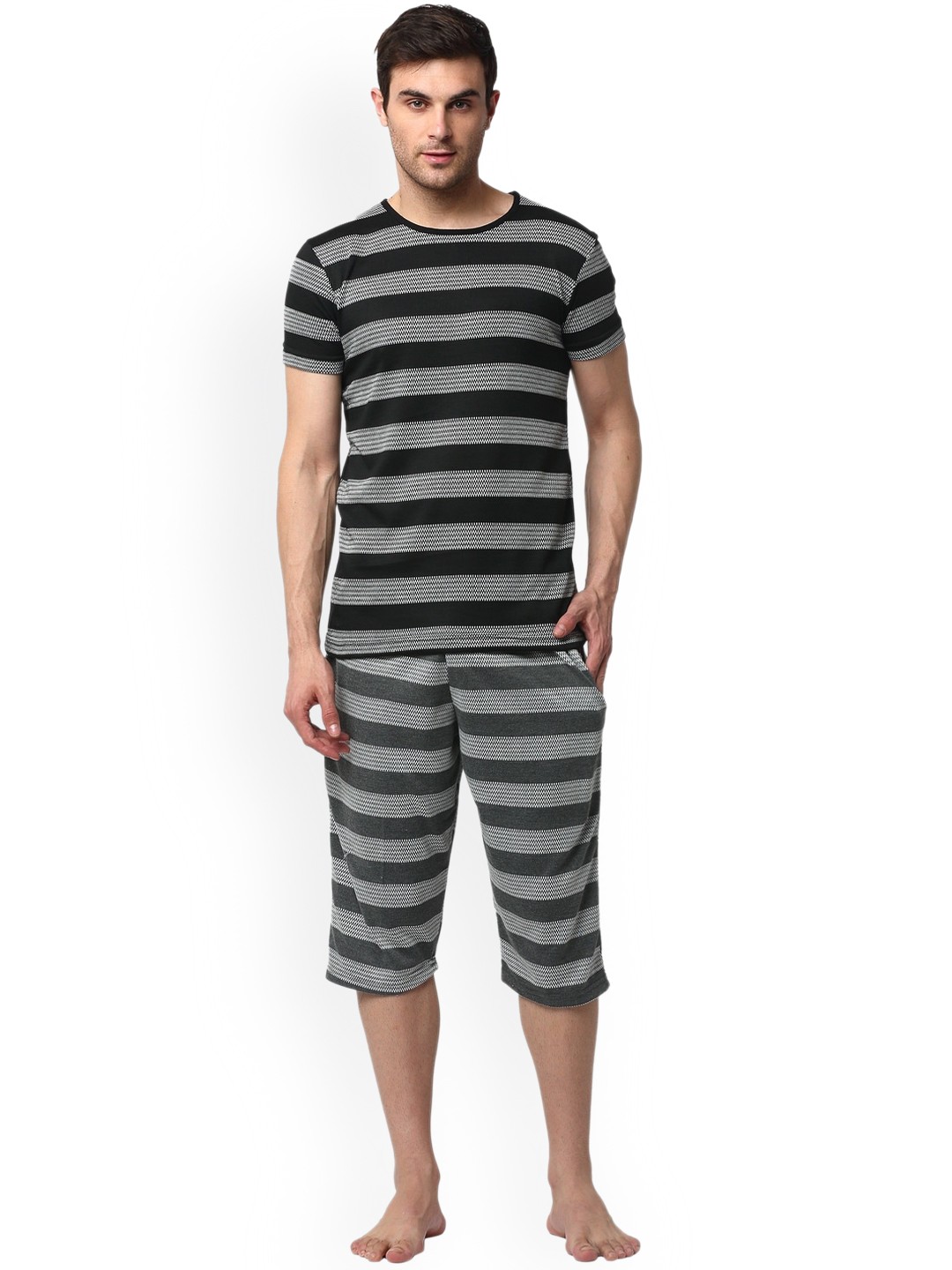 

VIMAL JONNEY Men Striped T-shirt With Shorts Night Suit Set, Grey