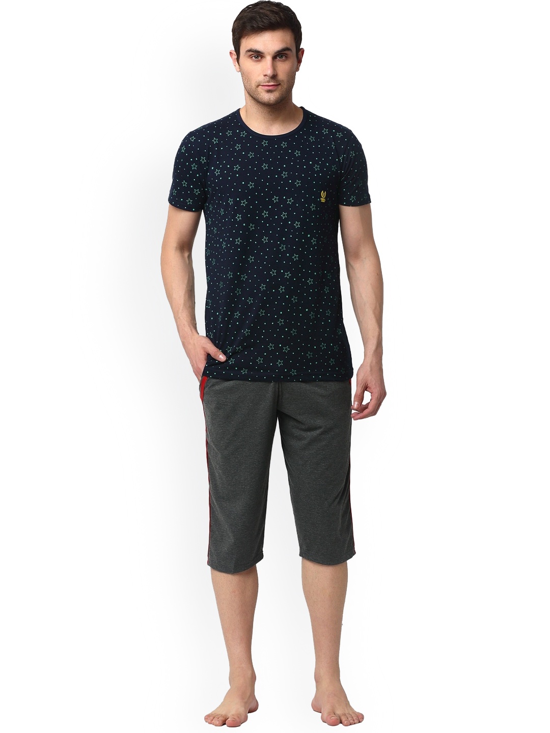 

VIMAL JONNEY Men Printed T-shirt With Capris Night Suit, Navy blue