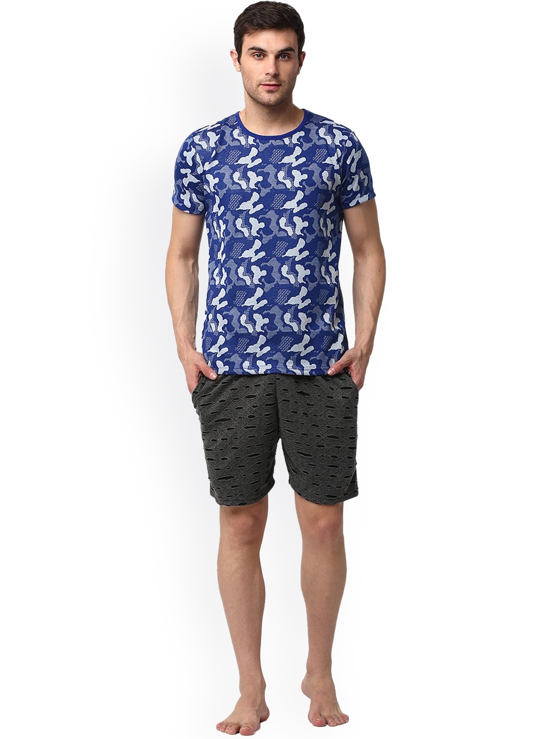 

VIMAL JONNEY Men Printed T-shirt With Shorts Night Suit, Blue