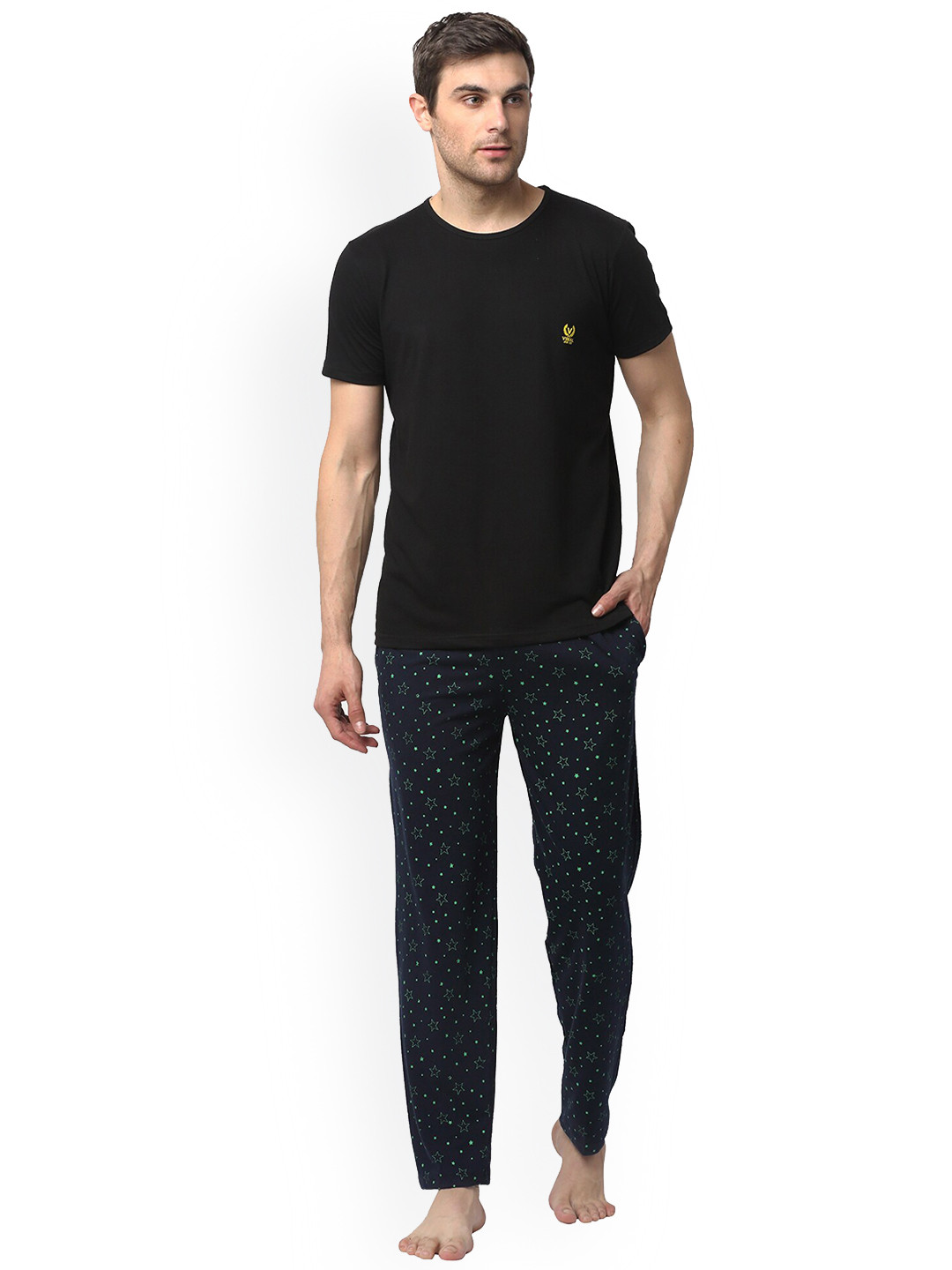 

Vimal Jonney Men Pure Cotton T-shirt With Pyjamas Night Suit Set, Black