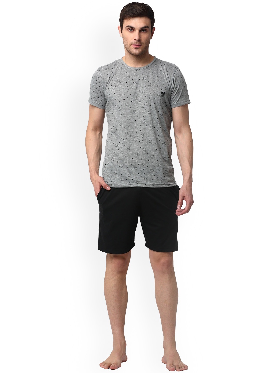 

VIMAL JONNEY Men Printed T-shirt With Shorts Night Suit, Grey