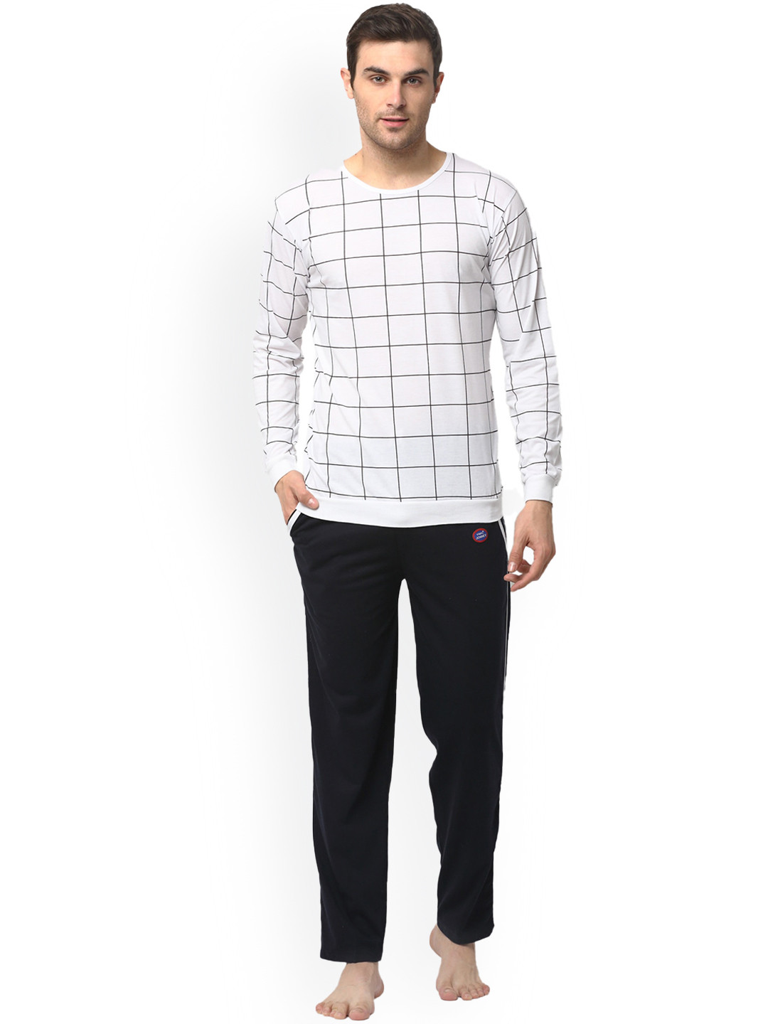 

VIMAL JONNEY Men Checked T-shirt With Pyjamas Night Suit, White