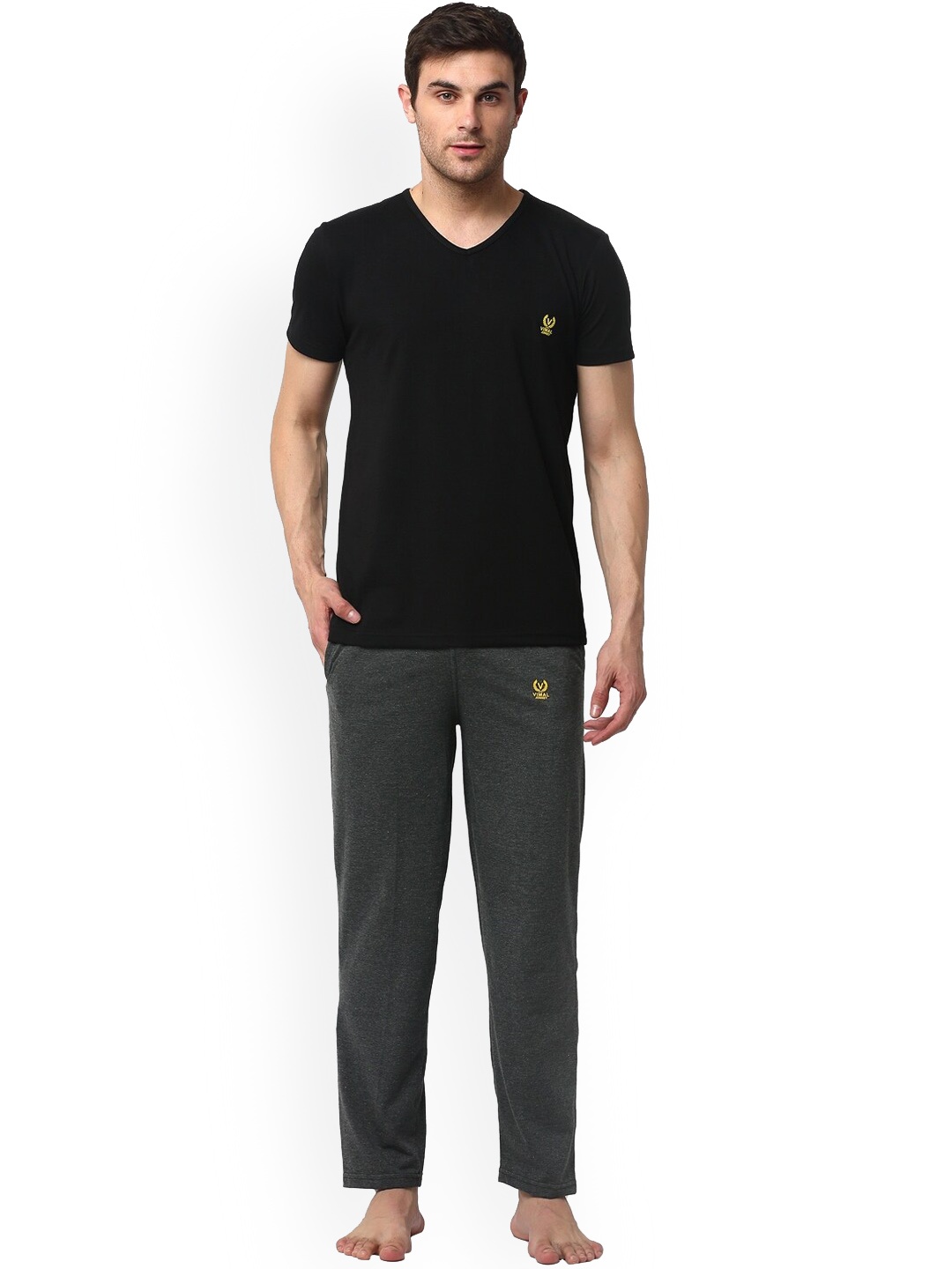 

Vimal Jonney Men Pure Cotton T-Shirt With Pyjamas Night Suit, Black