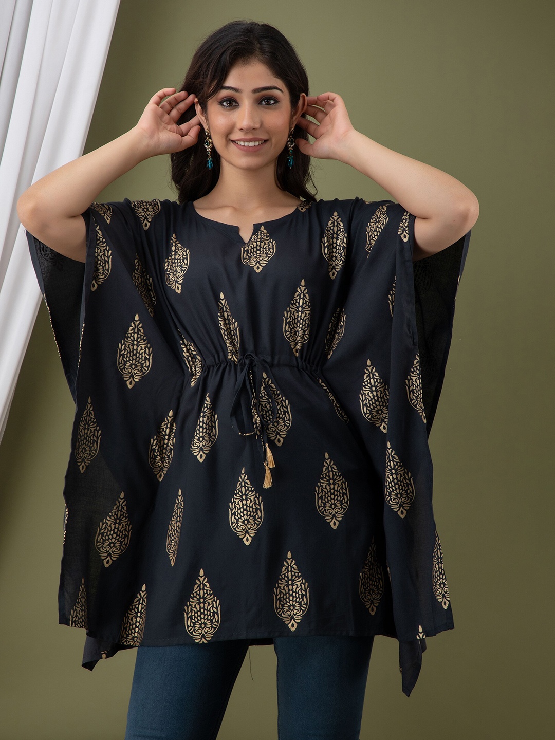 

Mialo fashion Ethnic Motifs Printed Flared Sleeves Kaftan Kurti, Grey