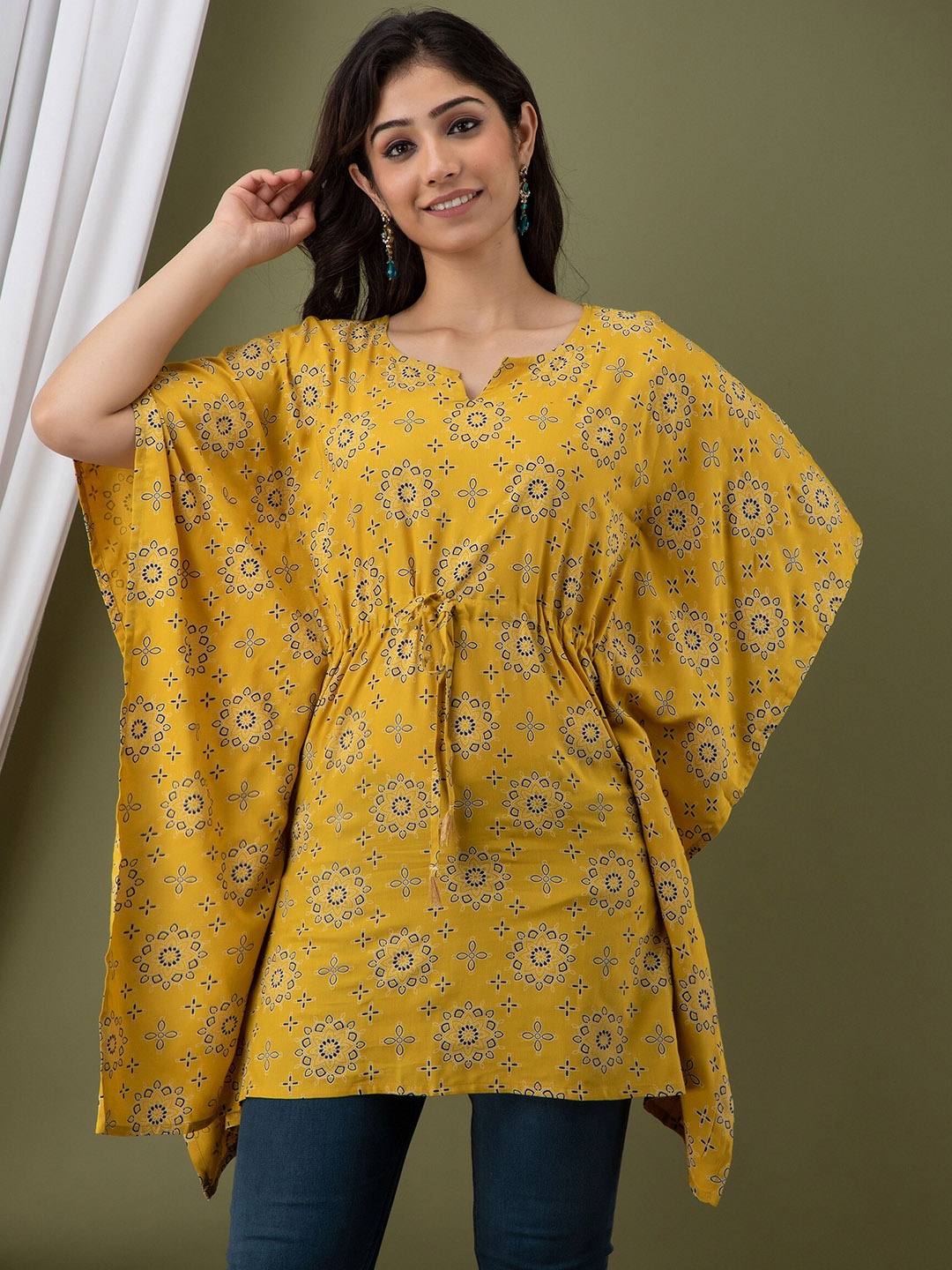 

Mialo fashion Ethnic Motifs Printed Flared Sleeves Kaftan Kurti, Yellow