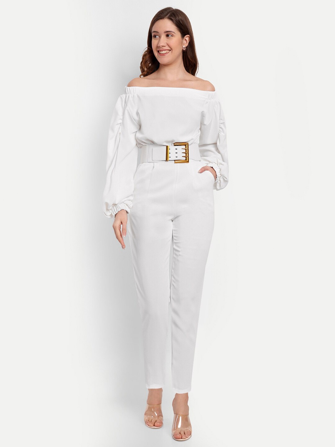 

iki chic Off-Shoulder Basic Jumpsuit With Belt, White