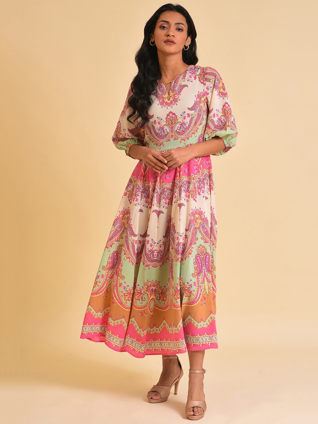 

W White Ethnic Motifs Printed Keyhole Neck Fit & Flare Midi Dress